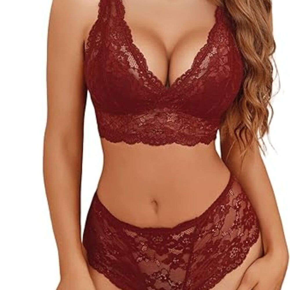 Avidlove Wine Red Large Lace Lingerie Set Sexy V-Neck Bralette Thong Stretchy